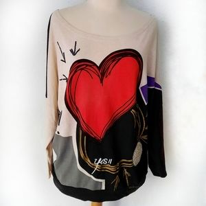 Desigual Graphic Heart Yes Top Black White Red Sz L